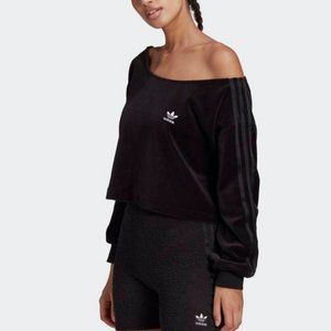 Adidas black velour off shoulder sweater NWT Sz M